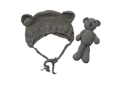 Newborn Baby Crochet Knit Costume Photography Prop Baby Bear Hat and Doll Set - color: Grey