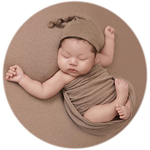 Zeroest Newborn Photography Wraps with Hat Baby Photo Outfit Girl Stretch Blanket Infant Boy Props for Baby Photo Shoot - color: Tan