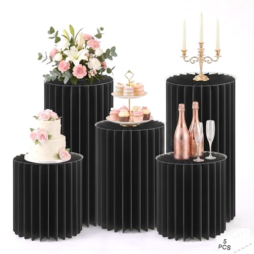 5 Pack Cylinder Stands for Party 15.7" 23.6" 31.5" Height Foldable Cardboard Tall Columns Cylinder Tables Round Cake Pedestal Stands Display Plinth Pillar for Wedding Birthday Party Decor (Black) - color: Black