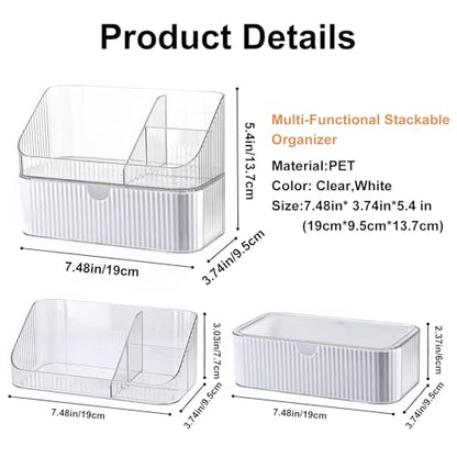 DASITON Makeup Organizer with Drawers, 2 Tier Stackable Organizer for Cosmetics, Skincare, Lipsticks, Makeup Brush, Acrylic Small Makeup Organizers for Vanity Bathroom Countertop Desk Storage (White)