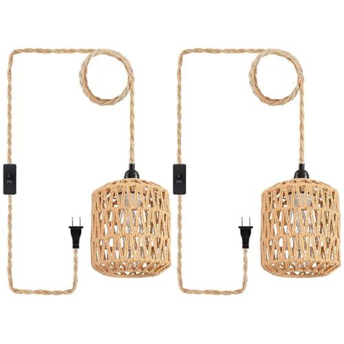 Plug in Pendant Light, Industrial Hanging Light with Plug in Cord Hemp Rope On/Off Switch Farmhouse, Vintage Pendant Light Fixture, Hanging Lamps for Dining Room - color: 7 IN Rattan