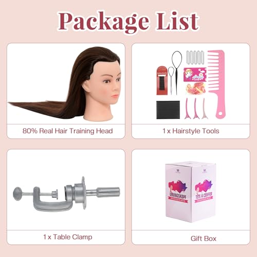 Neverland Beauty & Health 28Inch 60% Real Hair Mannequin Head,Doll Head for Hair Styling Braiding Curling,Cosmetology Mannequin Head with Hair with Table Clamp Hair Styling Set(Dark Brown) - color: gray