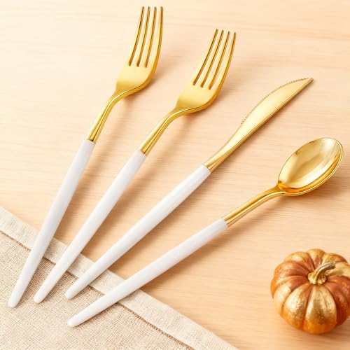 SUT Gold Plastic Silverware, 160Pcs Gold Utensils Set Disposable, 80 Gold Plastic Forks, 40 Gold Knives, 40 Gold Spoons, Gold Plastic Cutlery for Parties, Dinners, Weddings(White Gold) - style: White Gold