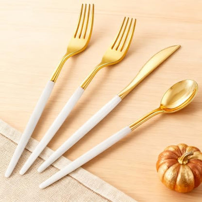 SUT Gold Plastic Silverware, 160Pcs Gold Utensils Set Disposable, 80 Gold Plastic Forks, 40 Gold Knives, 40 Gold Spoons, Gold Plastic Cutlery for Parties, Dinners, Weddings(White Gold) - style: White Gold