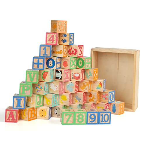 ABC Wooden Building Blocks for Toddlers 3 Large, 40 PCS Alphabet & Number Stacking Blocks with Storage Tray, Montessori Educational Learning Toys for Boys Girls Kids Gifts 1.65" - style: 40 abc blocks tray