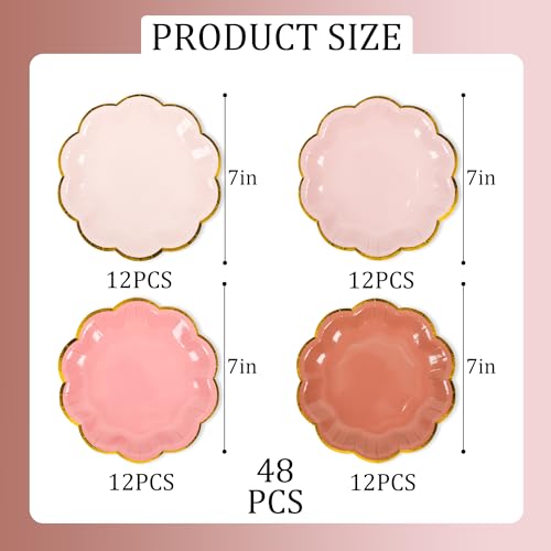 AimFun 48 Pcs Dusty Pink Party Plates Gradient Color Dessert Paper Plate 7inch Gold Foil Scalloped Edge Disposable Cake Plates for Tea Party Birthday Bridal Baby Shower Wedding Party Supplies - color: Dusty Pink