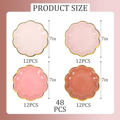 AimFun 48 Pcs Dusty Pink Party Plates Gradient Color Dessert Paper Plate 7inch Gold Foil Scalloped Edge Disposable Cake Plates for Tea Party Birthday Bridal Baby Shower Wedding Party Supplies - color: Dusty Pink