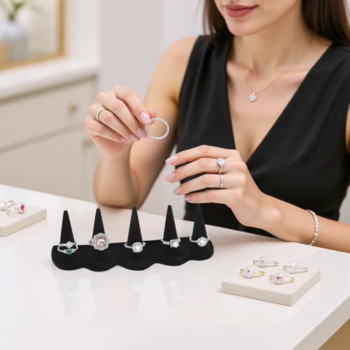 KUKUVR Velvet Ring Display Stand, Finger Jewelry Organizer for Retail Show, Personal Vanity, and Travel – Black Ring Holder for Engagement Rings, Wedding Bands, and Fashion Jewelry (Black 5 Fingers)