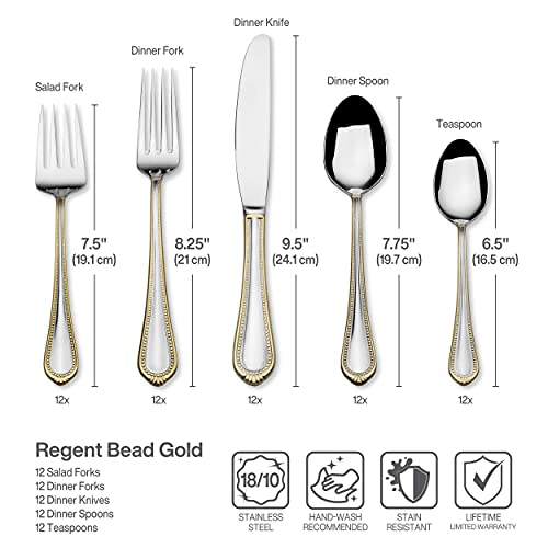 Mikasa, Gold Accent Regent Bead Flatware Service for 12, 65 Piece Set, 18/10 Stainless Steel, Silverware Set with Serving Utensils - size: 65 Piece Set, style: Regent Bead Gold