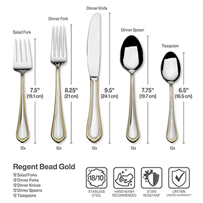 Mikasa, Gold Accent Regent Bead Flatware Service for 12, 65 Piece Set, 18/10 Stainless Steel, Silverware Set with Serving Utensils - size: 65 Piece Set, style: Regent Bead Gold