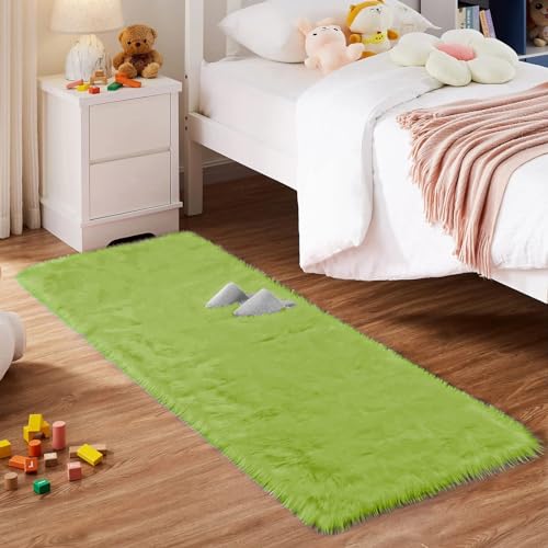 Goolela Lime Green Fluffy Runner Rug 2x6 Faux Fur Fuzzy Furry Rugs for Bedroom Bedside Shaggy Soft Rug Washable Rectangle - color: Olive Green, size: 2' x 6' (Rectangular)