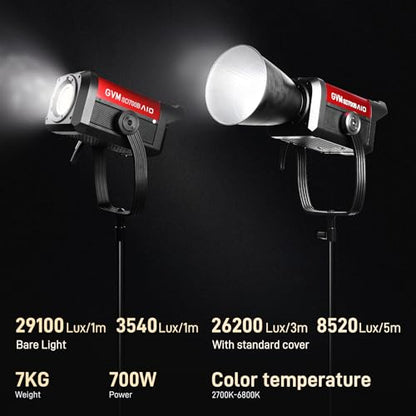 GVM SD700B 700W Led Video Light, Studio Light with Bowen Mount, 29100 lux/m Photography Lighting kit with Standard Cover, Continuous Output Studio Lighting for Films, Broadcasts, CRI 97+, 2700-6800K - size: 700W
