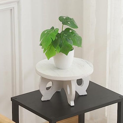 Small Plant Stand Kitchen Display Stand 10 inch Plant Holder Plant Stool Round Stand Risers Farmhouse Rustic Balcony Decor Pedestal Board Washed White - color: White