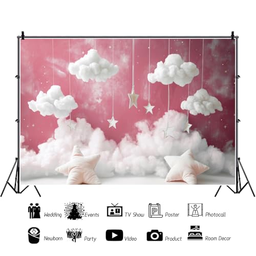 Yeele 7x5ft Girl Baby Shower Backdrop Starry Star Pillow White Clouds Pink Sky Photography Background for 1st 2nd Girl Birthday Party Baby Shower Party Newborn Portrait Photo Shoot Prop Decor - size: 7x5ft