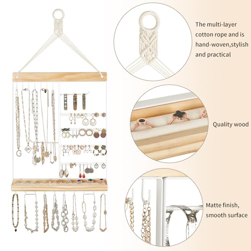 Mkono Hanging Jewelry Organizer Wall Mounted Earring Holder Metal Necklace Holder Wood Shelf with 55 Holes and 7 Hooks Display Rack For Storage Bracelet Rings Ear Studs Accessories Women Bedroom Decor