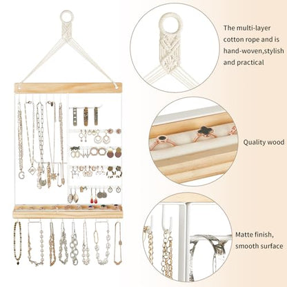 Mkono Hanging Jewelry Organizer Wall Mounted Earring Holder Metal Necklace Holder Wood Shelf with 55 Holes and 7 Hooks Display Rack For Storage Bracelet Rings Ear Studs Accessories Women Bedroom Decor