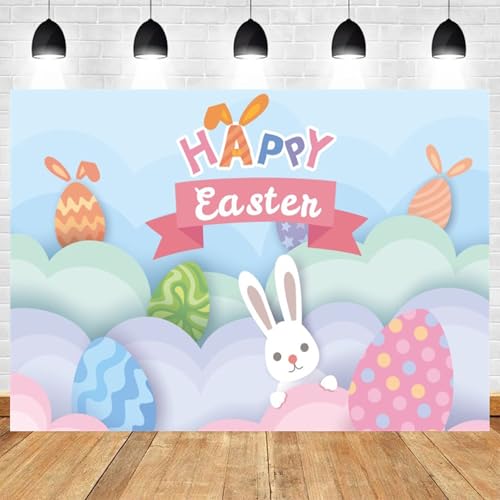 5x3ft Happy Easter Backdrop with Bunny and Colorful Eggs Spring Party Decoration Photo Background for Baby Shower Kids Portrait Photo Booth Studio Props Holiday Themed Banner - color: color 21, size: 5x3ft