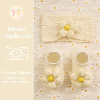 CÉLLOT Baby Girl Headband and Socks, Non-Slip Floral Socks and Soft Floral Nylon Hairbands for Babies Infants and Toddlers（dot） - color: White+Beige+Pink（Socks）