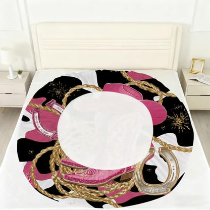 Pink Cowgirl Fitted Sheet Set Queen Size Glitter Cowboy Boots Horseshoe Print Sheet Set Kids Women Western Bed Sheets Cowhide Pattern 1 Fitted Sheet+1 Flat Sheet+2 Pillowcases - color: Cowgirl 01, size: Queen