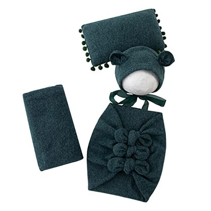 Newborn Baby Boy Girl Photography Props Bow Wrap, Posing Aid, Hat and Blanket Set of 4 Pcs - color: Middle Green