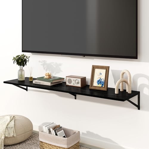 Fun Memories Floating Shelves for Wall, 12 Inch Deep Floating Shelves Set of 2, 55W x 12D Large Wall Shelf with Sturdy Metal Brackets for Living Room, Bathroom, Bedroom and Kitchen, Black - color: A-black, size: 55"W x 12"D