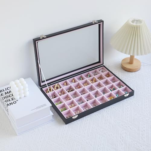 Stratalife Jewelry Organizer 40 Grid Pink Black Jewelry Tray with Clear Dust-proof Lid Velvet Earring Organizer Necklace Rings Holder Display Drawer Storage Case for Women - color: Pink-Black, size: 40 Grid
