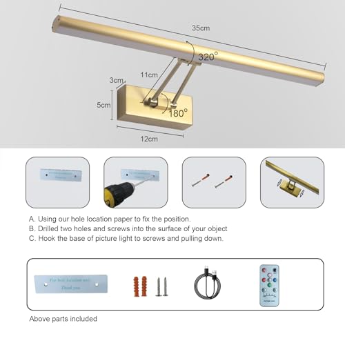 Picture Light,13.5" Art Light, Picture Light Battery Operated,3CCT Picture Frame Light,Wireless Picture Lights for Painting,Wall Display, Photo,Library Gold-Painted - color: Painting Gold, size: 13.5inches