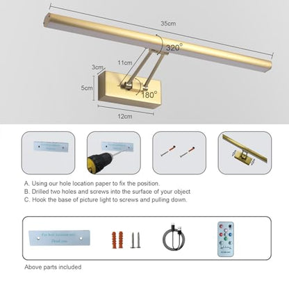 Picture Light,13.5" Art Light, Picture Light Battery Operated,3CCT Picture Frame Light,Wireless Picture Lights for Painting,Wall Display, Photo,Library Gold-Painted - color: Painting Gold, size: 13.5inches