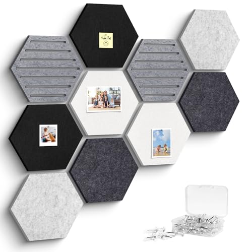 Hexagon Cork Bulletin Board Tiles, 10 Pack Felt Board with 25 Push Pins, Photo Display Board for Office & Home Classroom Wall Decor, 11.8x10.2 Inches - color: Black