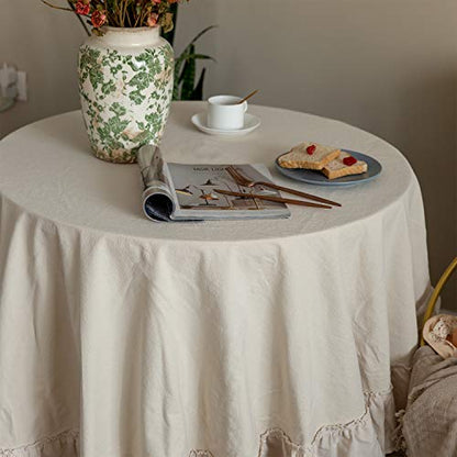 GLORY SEASON Retro Farmhouse Ruffle Round Tablecloth Cotton Flounces Trim Washable Table Cover White Tablecloths for Rectangle Table Baby Shower Kitchen Party Wedding Decor,70'' Round - size: 70" (Round)
