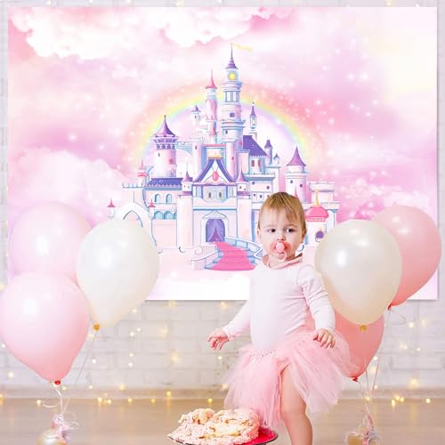 Pink Princess Castle Backdrop for Girls Birthday,Fairy Princess Birthday Backdrops Banner Party Decorations Pastel Rainbow Background for Kids Royal Bday Newborn Shower Decor Photo Booth Props 7x5ft - size: 7x5ft