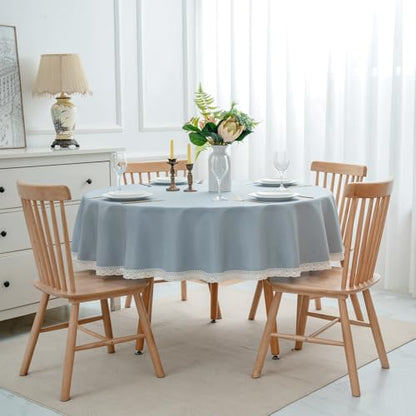 EHouseHome Faux Linen Tablecloth with Lace Trim - Waterproof/Spill Proof/Stain Resistant/Wrinkle Free/Oil Proof - for Banquet, Parties, Dinner,Wedding,Holiday,Blue Fog,Round 60Inch - color: Blue Fog, size: 60" (Round)
