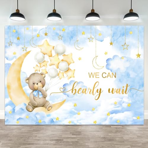 7x5ft Baby Shower Backdrop We Can Bearly Wait Photography Background Bear White Balloons Blue Clouds Moon Stars Cartoon Banner Decorations Birthday Party Newborn Portrait Photo Booth Prop - color: color 5, size: 7x5ft