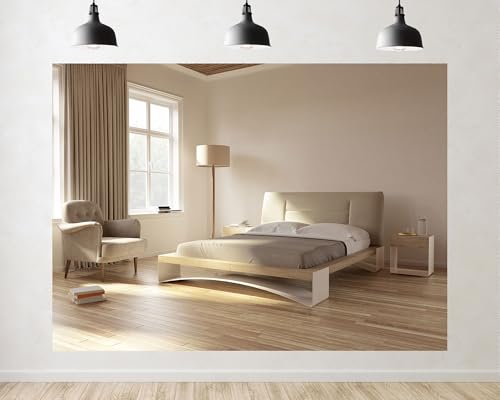 Trykid 6x6ft Minimalist Beige Bedroom Backdrop Modern Wood Bed Neutral Tone Interior Photography Background Cozy Home Decor Hotel Room Party Decoration Tapestry Photo Booth Prop Fabric - size: 6x6ft