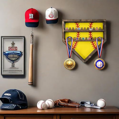 Baseball Softball Basketball Ring Holder - 24 Ring Post Wooden Display Case for Sports Medals - Wall Mount (Yellow) - color: Yellow