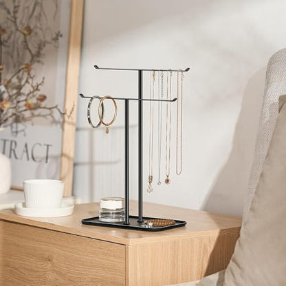 pickpiff Necklace Holder Jewelry Organizer Stand – 2‑Tier T‑Bar Jewelry Display Tree with Tray for Countertop Necklace Bracelet Earring Storage, Vanity Dresser Bathroom Sink, Black - color: Black