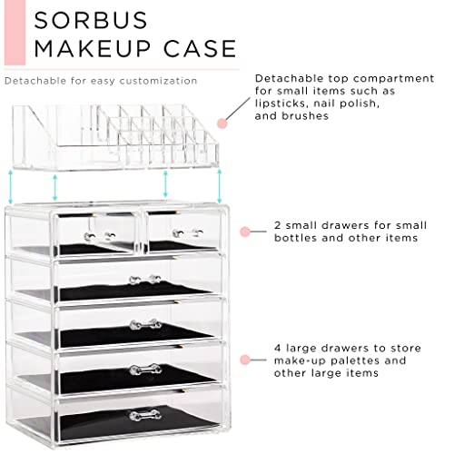 Sorbus Acrylic Makeup Organizer Set, 6-Drawer Vanity & Countertop Cosmetic Storage with Small & Wide Compartments, Clear Makeup Storage for Brushes, Jewelry – Holiday Gift for Women & Teens - color: Clear, size: 4 Large, 2 Small Drawers