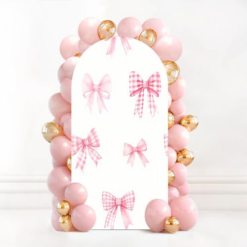 6.6FT Wedding Arch Backdrop Cover Cute Pink Checkered Bows Watercolor Seamless White for Children s Spandex Fitted Fabric Round Top Stretchy Stand Covers for Baby Shower Birthday Party Decoration - color: Color10, size: 6.6x3.3 FT