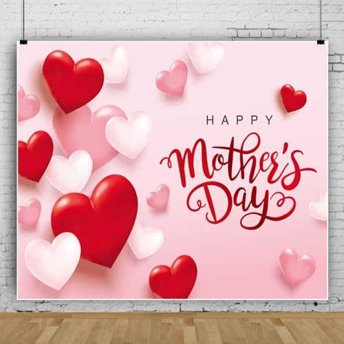 Happy Mother's Day Backdrop Red Pink Love Hearts Mothers Day Photography Background 10x8ft Mothers Day Party Banner Decorations Video Shoot Studio Photo Booth Props
