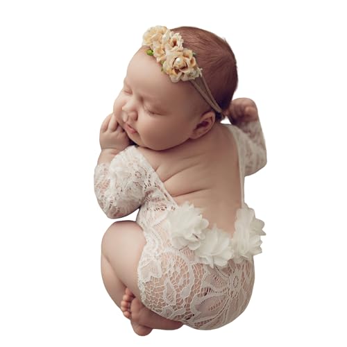 Newborn Lace Romper, 2 PCS Baby Girl Photography Props, Newborn Girl Photography Outfits with Flower Headband for Infants - color: White