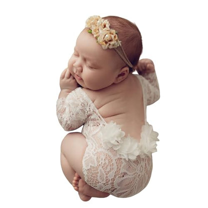 Newborn Lace Romper, 2 PCS Baby Girl Photography Props, Newborn Girl Photography Outfits with Flower Headband for Infants - color: White