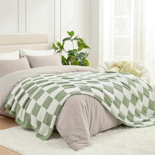 Snuggle Sac Sage Green Checkered Throw Blanket Faux Fur Knitted with Microfiber Yarn, Cozy Soft Warm Spring Blankets for Couch,Sofa,Bedroom,Sage Green Checker,50x60 inches - color: Green White, size: Throw(50"x60")