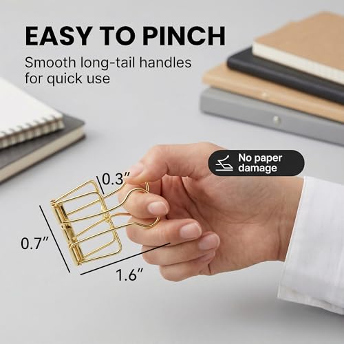 Binder Clips, Gold Hollow Long Tail Paper Clamp Set, 6 Pieces Reusable Metal Document Fasteners for Files, Planners, Desk Organization, Office Supplies - color: Gold