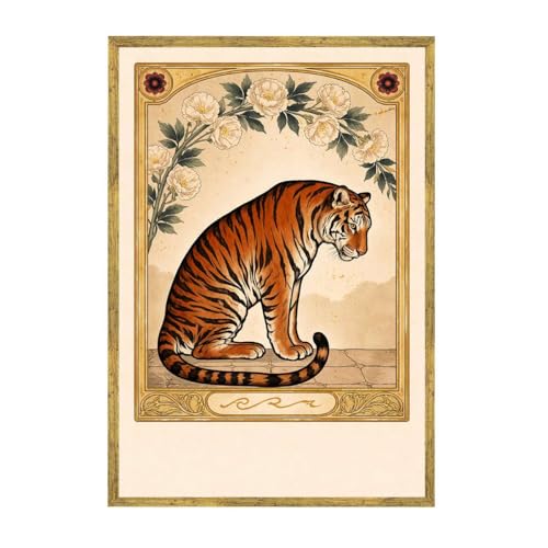 Framed Vintage Tiger Art Print Canvas Wall Art Elegant Poster Painting Pictures for Living Room Bedroom Home Decor Wall Decoration Wall Decor (24L x36W,Gold Framed) - size: 24L"x36W"