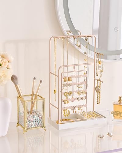 ProCase Jewelry Stand Holder Organizer, Jewelry Display Storage with Ring Tray, Rotating Earring Bracelet Necklace Holder, Valentine's Gifts Room Dorm Decor for Teen Girls -Champagne (No-Assembly) - color: Champagne