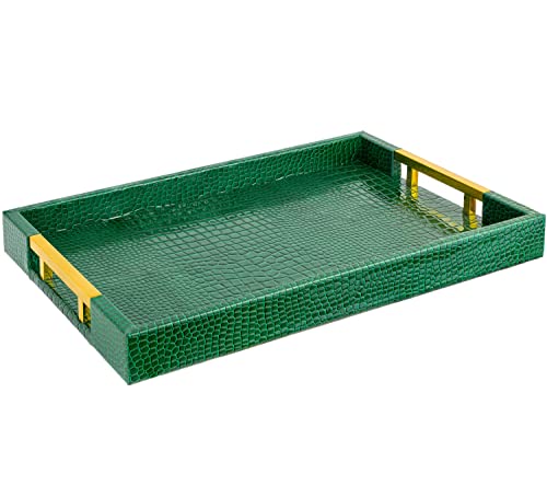 Luxury Modern Elegant 17.5"x12" Rectangle Crocodile Green Faux Leather Decorative Tray Ottoman Coffee Table Living Room Decor Kitchen Serving Tray with Gold Polished Metal Handles by Home Redefined - color: Crocodile Green/Gold