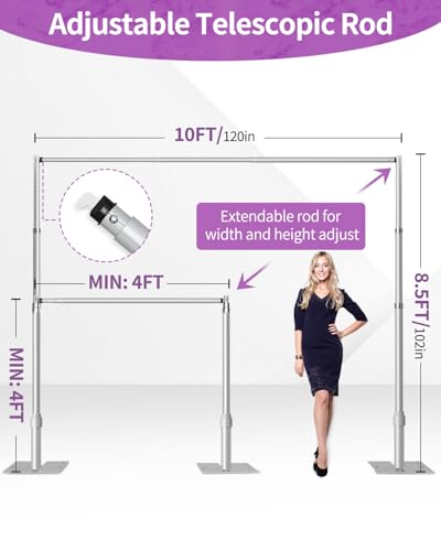 8.5x10 Pipe and Drape Stand Kit, Heavy Duty Backdrop Stand Adjustable, Sturdy Metal Back Drop Decoration Frame with Flat Base for Parties, Flower Wall, Wedding, Event,Trade Shows, Photo Shoot - color: Silver, size: 8.5ftx10ft