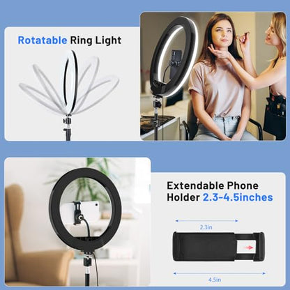 𝗡𝗲𝘄𝗲𝘀𝘁 13" Selfie Ring Light with 63" Stand and 3 Phone Holder, 53 Lighting Modes, iPad Holder, Remote, Desk Tripod, RGB Ringlight for iPhone. Vlogging Circle Led Halo Light Photo Video Kit - size: 13 inch - 53 Lighting Modes
