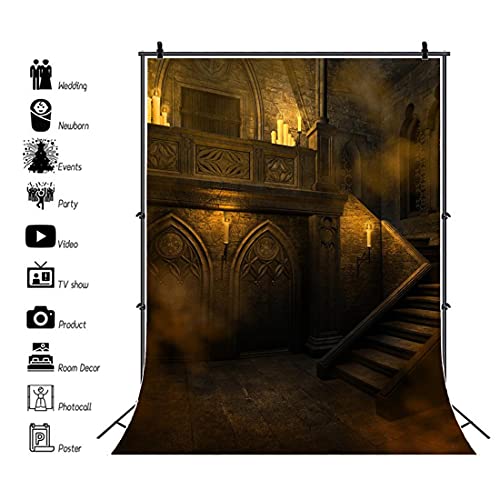 AOFOTO 5x7ft Gloomy Gothic Style Stairway Backdrop for Photography Halloween Carnival Scary Castle Night Vintage Room Stone Wall Scene Stairs Candle Background Boy Kids Portrait Photo Studio Props - color: HSH-A6, size: 5x7ft