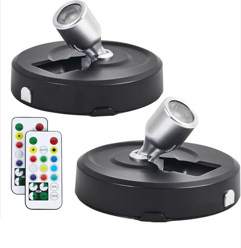 Wireless LED Spotlight Battery Powered Picture Lights, RGB Spot Lights Indoor, Dimmable Puck Lights with Remote, Stick on Uplight for Painting Wall Art Display Dartboard Artwork Accent Closet - color: RGB Black Silver, size: 2 Pack